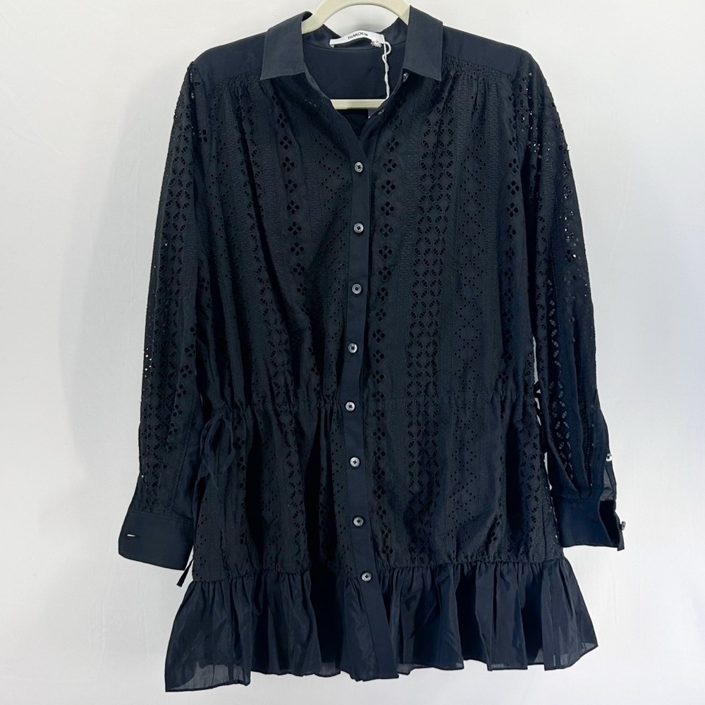 Thakoon Black Eyelet Button Up Mini Shirt Dress Ruched Sides Silk Size 0 NWT